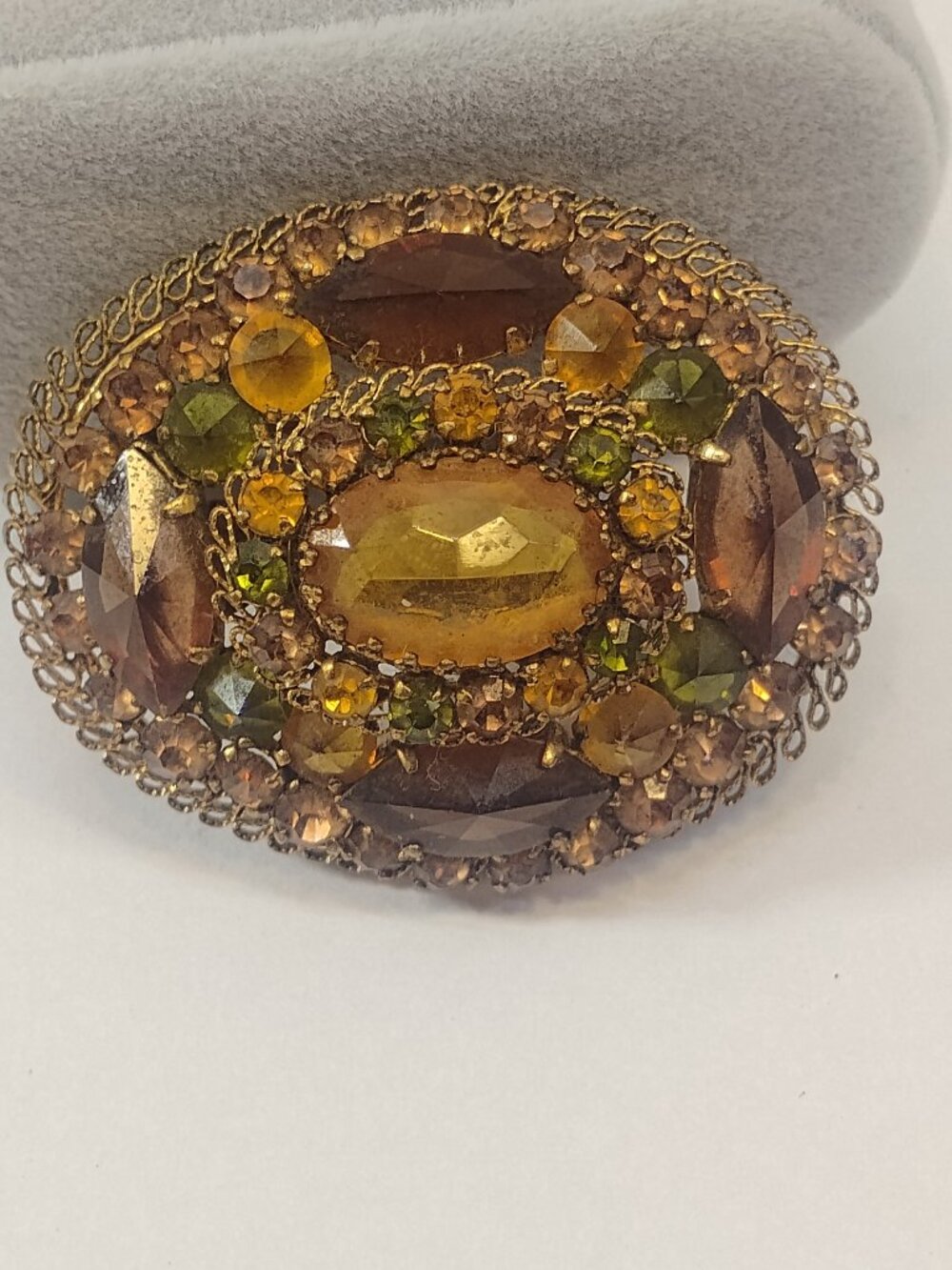 Vintage Brooch Pin SIGNED AUSTRIA Glass Rhinestone Gold tone Retro Jewelry